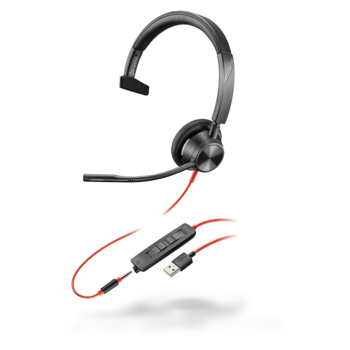 Plantronics Blackwire 3315-M, BW3315-M, Monaural with 3.5mm and USB-A Corded Headset - MS CERT